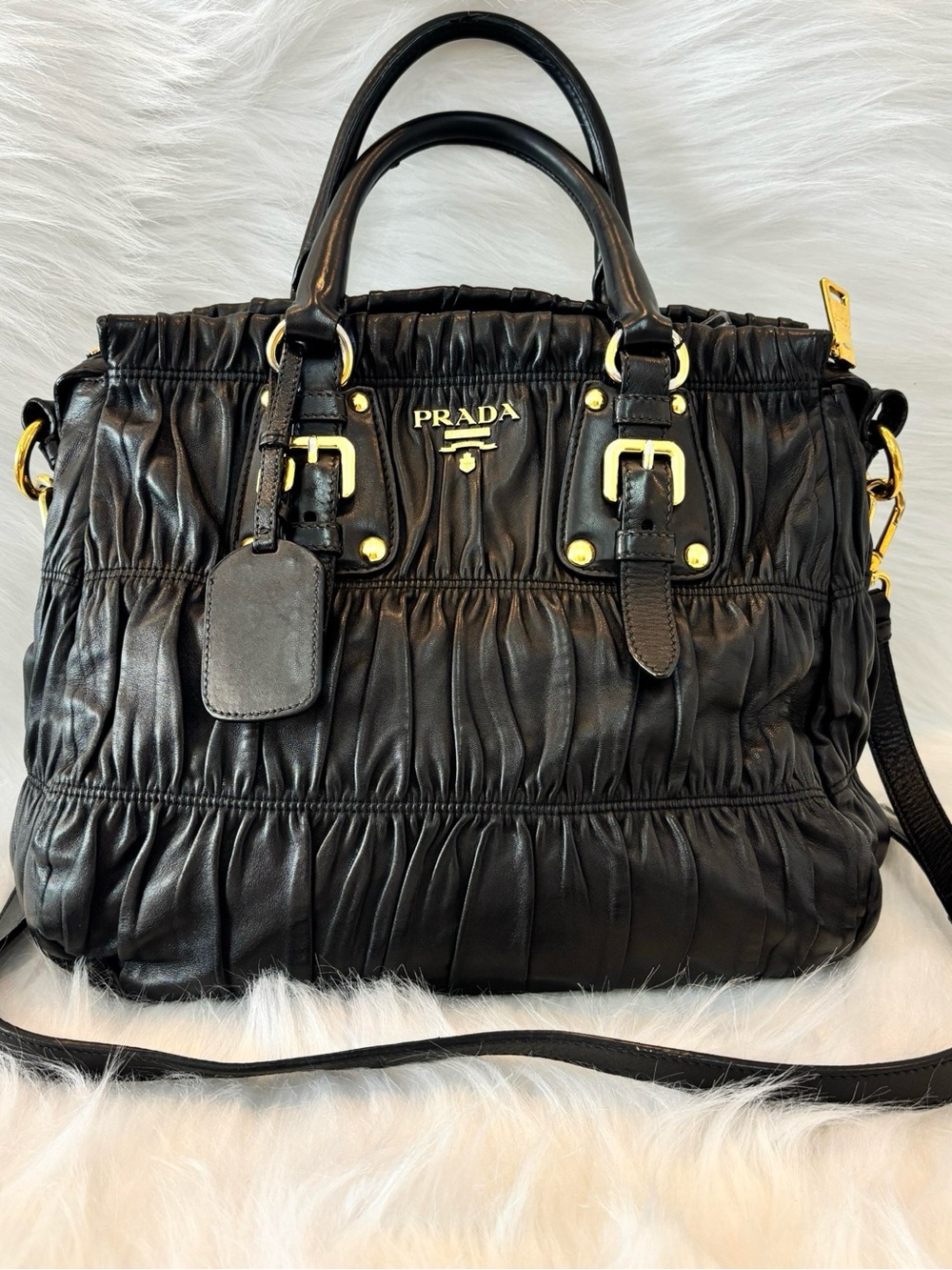 Prada Black Ruched Leather Satchel with Gold Hardware